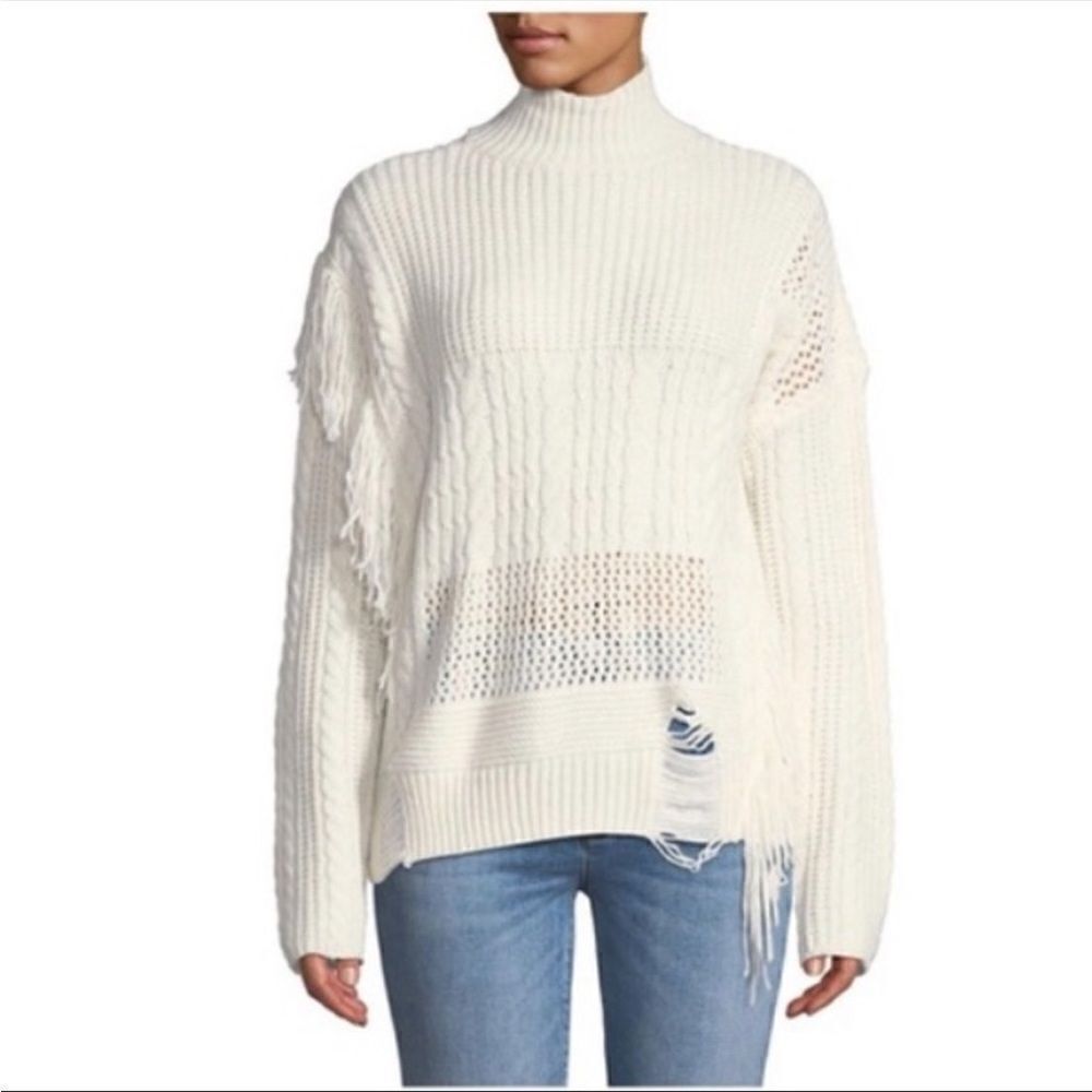 Free Generation Multi Stich Fringe‎ Distressed Turtle Neck Sweater Cream Small